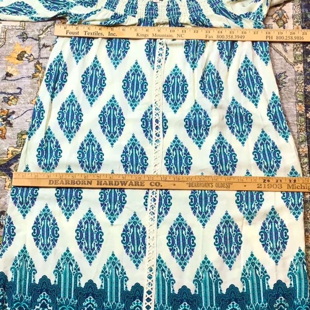 🦚 LOVE FIRE Smocked Off Shoulder Teal Cream Tassel Crochet Trim Dress Sz.M NWOT - Picture 9 of 11